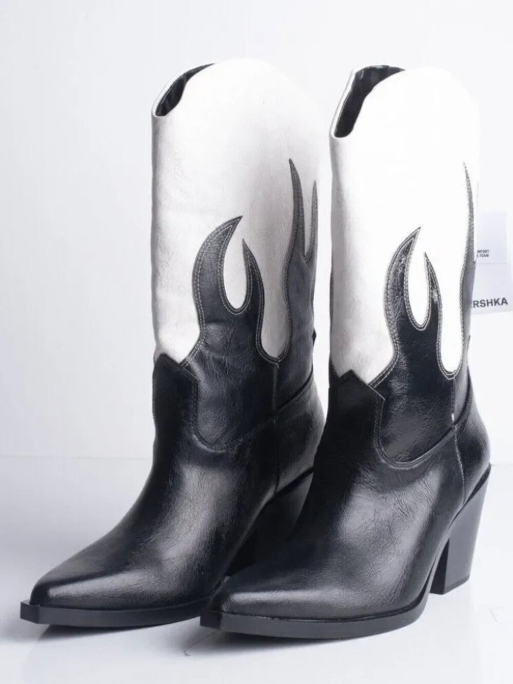 NEW BERSHKA Women’s Black & White Flame Heeled Western Cowboy Boots - Size 9